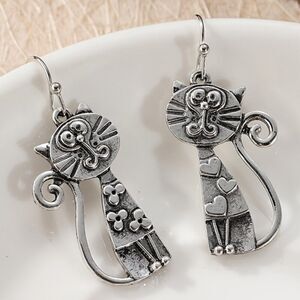 Quirky Kitties Tall Bohemian Cat Earrings  Engraved Hearts & Flowers Long Tails